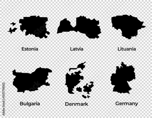 Map shape collection transparent background country simple map of Europe European countries Estonia Latvia Lithuania Bulgaria Denmark Germany