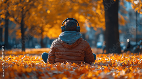 Child Enjoying Autumn Leaves While Listening to Music