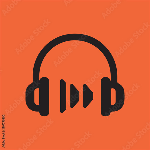 Headphones with fast forward icon on orange background
