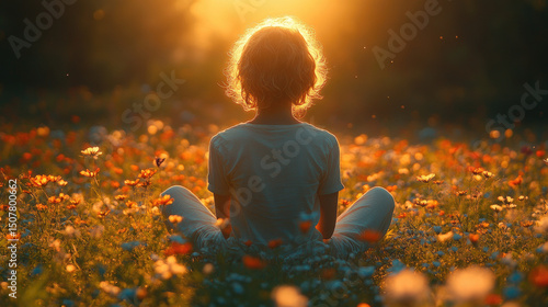 Child Meditating in a Flower Field at Sunset