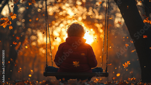 Child on swing at sunset with falling leaves