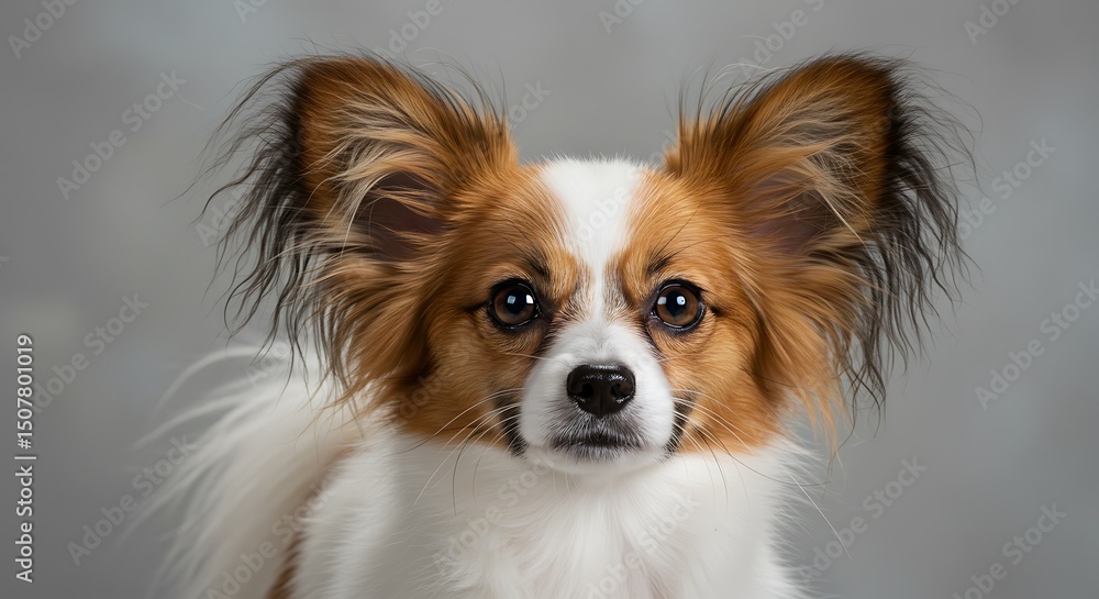 Close-up Portrait of a Papillon Dog Breed Featuring Large Ears Isolated Against a Seamless Background with a Focus on Canine Beauty and Affection Close-up Portrait of a Papillon Dog Breed Featuring Large Ears Isolated Against a Seamless Background with a Focus on Canine Beauty and Affection