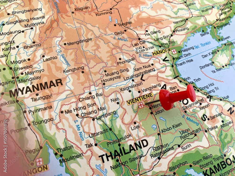 Obraz premium view of Vientiane, Capital of Laos, on a geographical map of Asia, marked with red pushpin