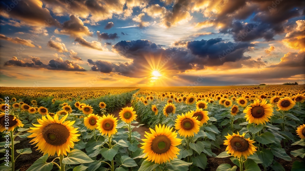 Fototapeta premium Vast sunflower field bathed in golden sunlight under a dramatic sky. 