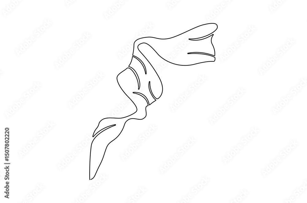 Fototapeta premium Continuous one line drawing of Flying wave silk or satin fabric. Single line drawing illustration of Luxury textile drapery. Grand opening ceremony concept vector art. Doodle line illustration.