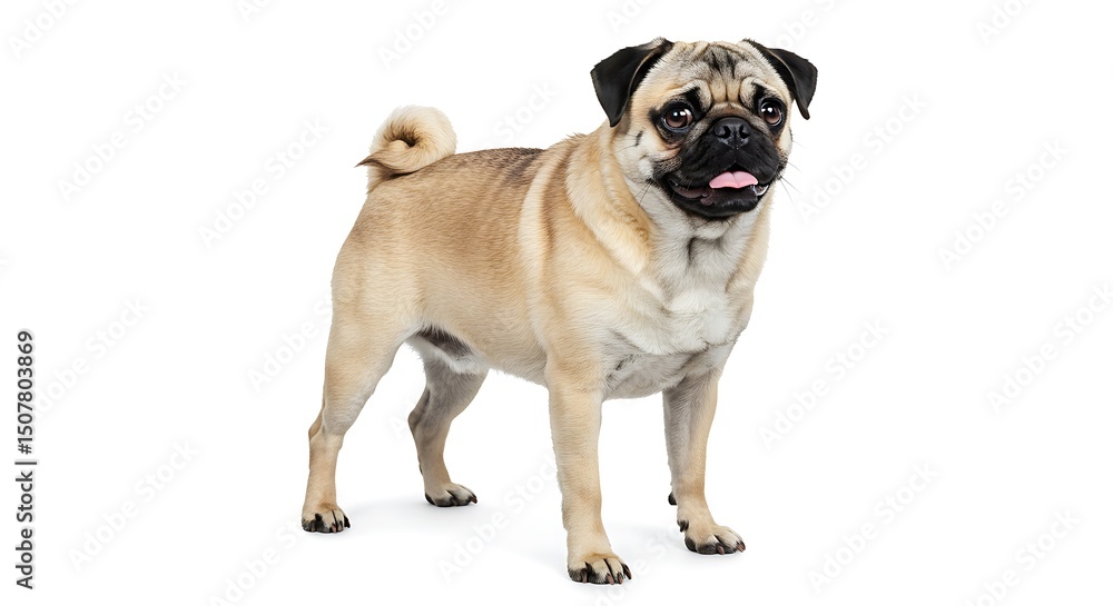 Obraz premium Cute Pug Dog Portrait Isolated on White Background Represents Pet Companionship and Purebred Dog Breed Lifestyle with Funny Expression and Upbeat Temperament for Animal Lovers