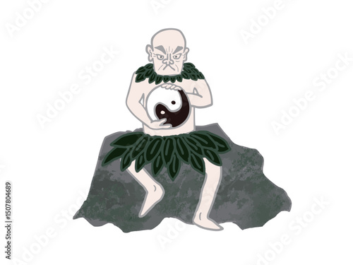 Illustration of a Chinese mythological god sitting and holding a Yin Yang diagram