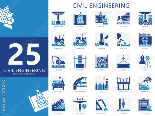 Civil engineering dual tone icon pack. Contain beam, compactor, bulldozer, caisson, girder, gabion, mapping, kerb stone and more. Vector for industry, construction, UI, UX, web and app development