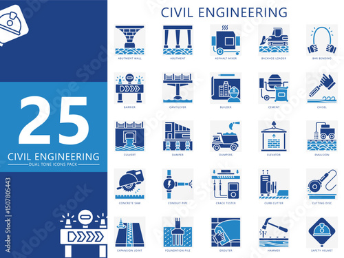 Civil engineering dual tone icon pack. Contain abutment wall, barrier, cement, dumper, elevator, hammer, grouter, pile and more. Vector for industry, construction, UI, UX, web and app development.