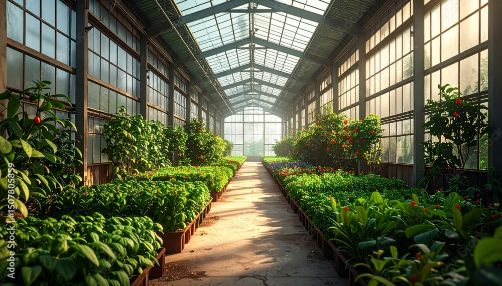 Tranquil Greenhouse Interior with Lush Plants and Natural Light Tranquil Greenhouse Interior with Lush Plants and Natural Light