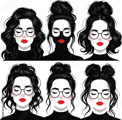 Stylish female portraits with various hairstyles wearing glasses in modern black and white illustration