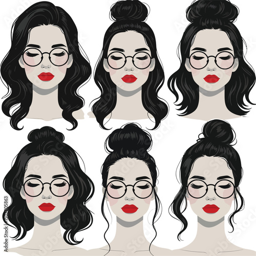 Illustrated collection of stylish female faces with different trendy hairstyles and retro eyeglasses