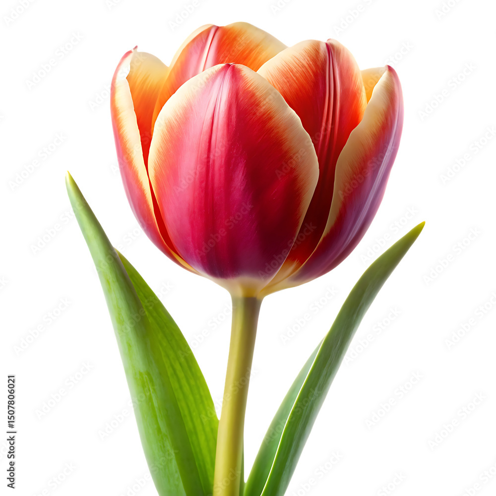 Naklejka premium Single red and yellow tulip blossom isolated on a white background ai generated png