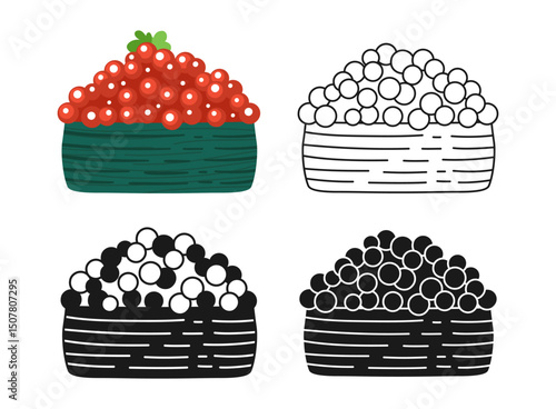 Gunkan maki Sushi with caviar symbol cartoon set. Traditional Asian Japanese food linear doodle icon. Sushi seafood vector illustration. Stylized doodle design sign for menu, cafe, bar, restaurant