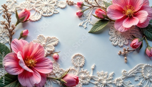 Intricate floral lace, delicate threads form repeating motifs , white, net