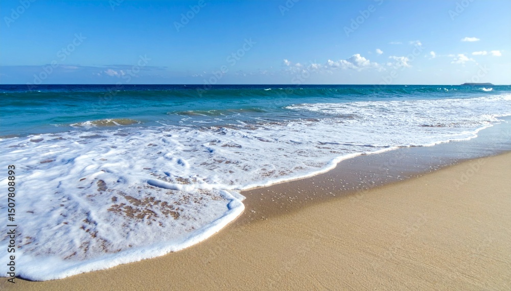 Fototapeta premium Serene Ocean Waves Gently Lapping Golden Sandy Beach Shoreline