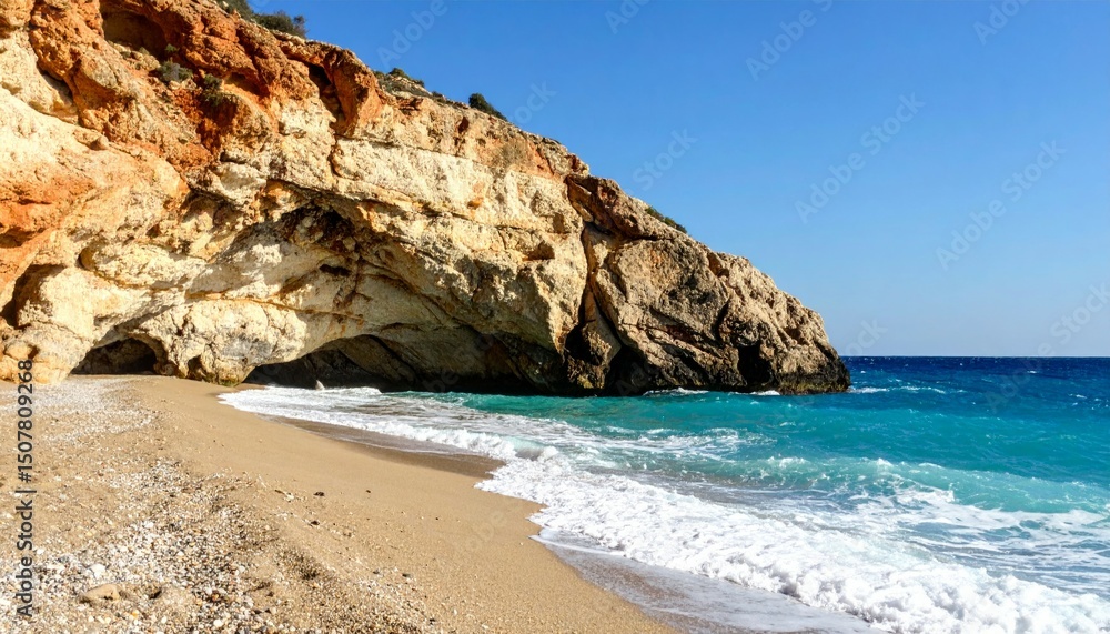 Fototapeta premium Scenic Beach View with Rocky Cliff and Clear Blue Ocean Waters