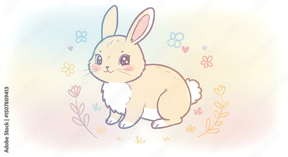 Adorable Pastel Bunny Rabbit in Spring Meadow Cute Cartoon Illustration Adorable Pastel Bunny Rabbit in Spring Meadow Cute Cartoon Illustration