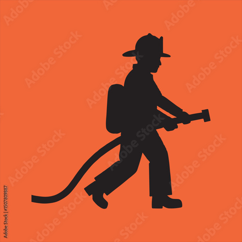 Firefighter silhouette with hose on orange background