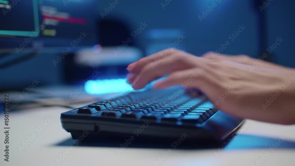 Hands Typing on Keyboard with Blue Backlit Screen in Dark Room Hands Typing on Keyboard with Blue Backlit Screen in Dark Room