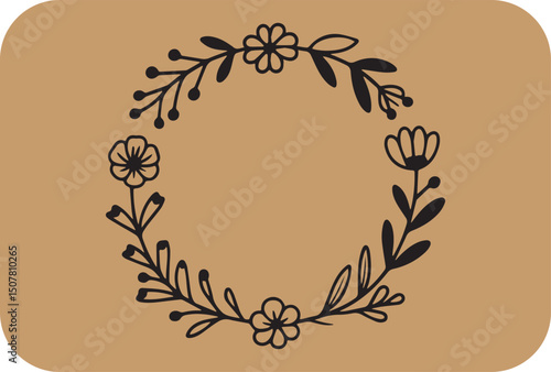 Elegant black floral wreath frame on tan background perfect for wedding invitations branding and design projects