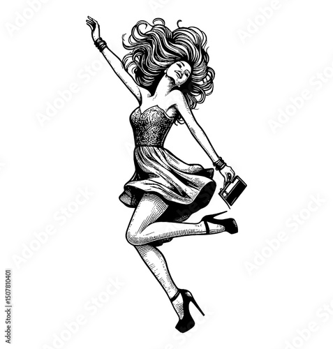 Excited Woman Jumping with Joy and Holding Clutch in Black and White Line Art Drawing
