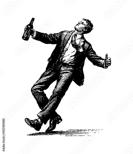 Drunk Caucasian Man in Suit Holding a Bottle and Showing Thumbs Up with Sketch Style
