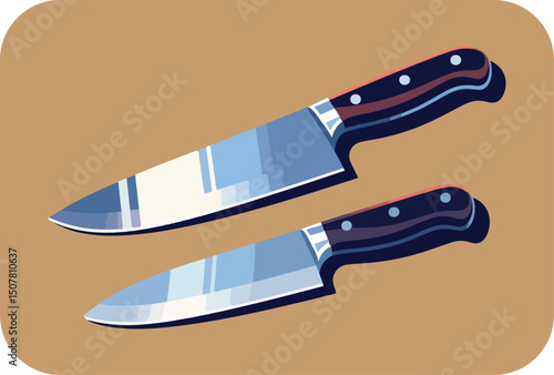 Two stylish kitchen knives with dark handles on a tan background