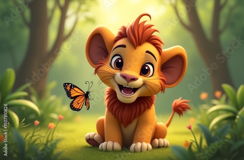 A 3D cartoon lion cub with a soft mane and large eyes, with butterfly in the jungle