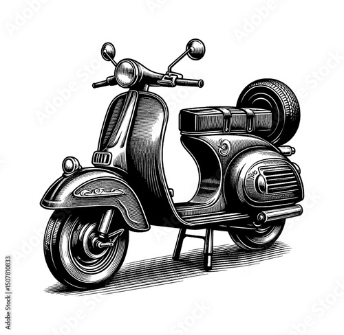 Retro Style Scooter with Spare Tire in Detailed Black and White Engraving Line Art