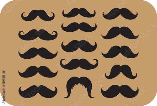 Collection of various mustache styles black silhouettes on tan background