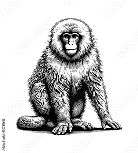 Detailed Black and White Engraving of a Sitting Japanese Macaque Snow Monkey with Furry Coat