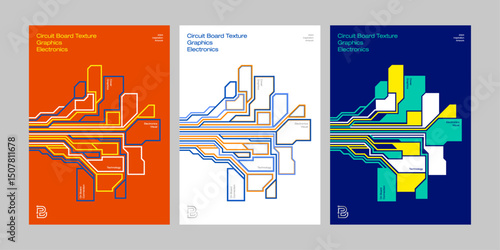 circuit board inspired abstract graphic posters with layered vector lines electronic schematic aesthetics colorful visual tech design futuristic digital cover graphics connection artwork brochure