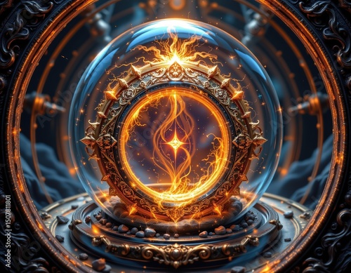 A glowing, ornate magical orb with fiery energy swirls inside, encased in intricate metalwork and set in an elaborate, mystical setting.