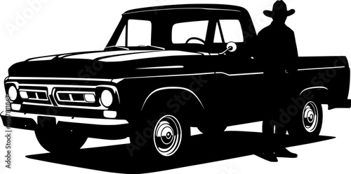 silhouette vector illustration man with his pick up truck 