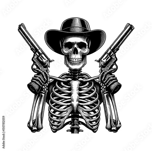 Cowboy skeleton wearing a hat and holding two revolvers in detailed engraving