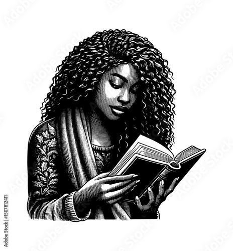 Black Woman Reading Book in Detailed Engraving Style Illustration, Focused and Calm