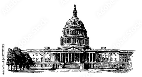 United States Capitol Building in Washington DC with Classic Black and White Engrave Style