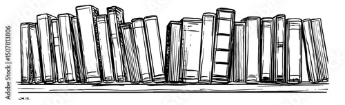 Line Art Illustration of Books Standing on Shelf in Black and White Detailed Drawing