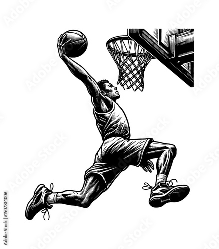 African American basketball player jumps to dunk ball in hoop, black and white drawing