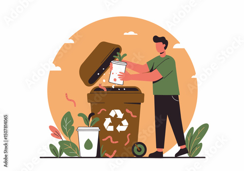 Man Composting Food Scraps in Brown Outdoor Container
