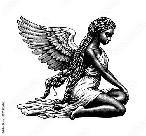 Pensive African American Angel Sitting with Wings in Detailed Black and White Engraving