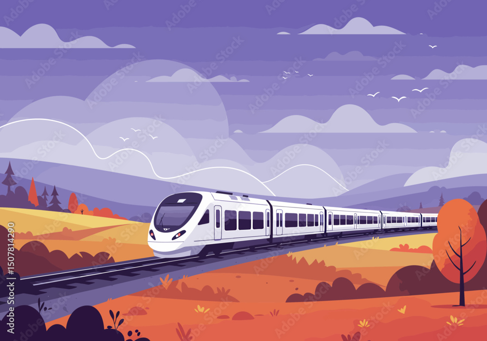 Fototapeta premium Modern Train Journeying Through Autumn Landscape Illustration Art
