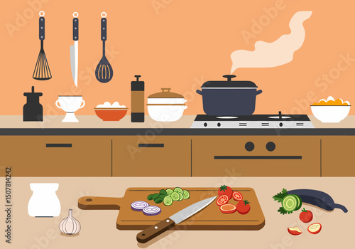 Illustration of Food Preparation on a Kitchen Counter