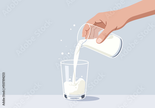 Pouring Fresh Milk into a Clear Glass Illustration