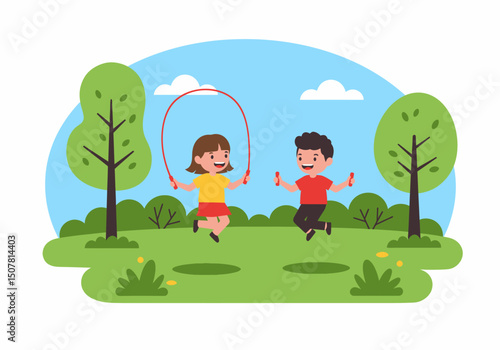 Happy Children Jumping Rope Outdoors in Park Vector