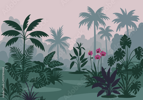 Lush Jungle Landscape Exotic Plants and Pink Flowers