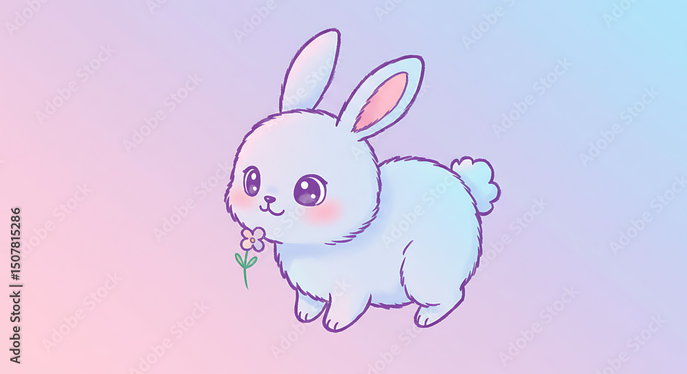Adorable Pastel Blue Bunny Rabbit Holding Flower Kawaii Style Illustration Adorable Pastel Blue Bunny Rabbit Holding Flower Kawaii Style Illustration