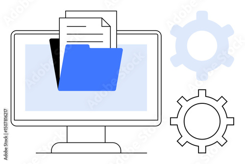 Desktop monitor featuring a blue folder with documents, accompanied by two gears symbolizing settings. Ideal for tech, organization, storage, file sharing, software, productivity, flat simple