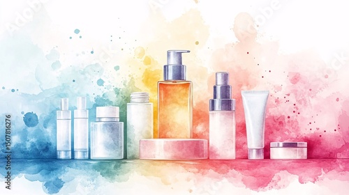 Colorful display of various cosmetic containers.